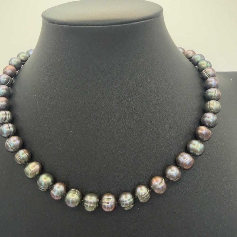 Vtg JTV Sterling Silver KTC Black Baroque Pearl Necklace Peacock 11mm 18"